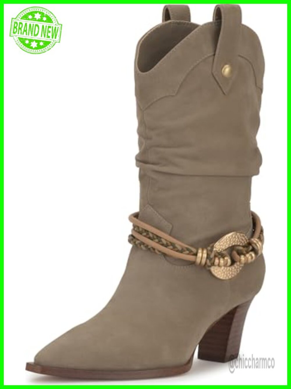 Leather Pointed Toe Stacked Heel Mid Calf Western Slouch Bootie